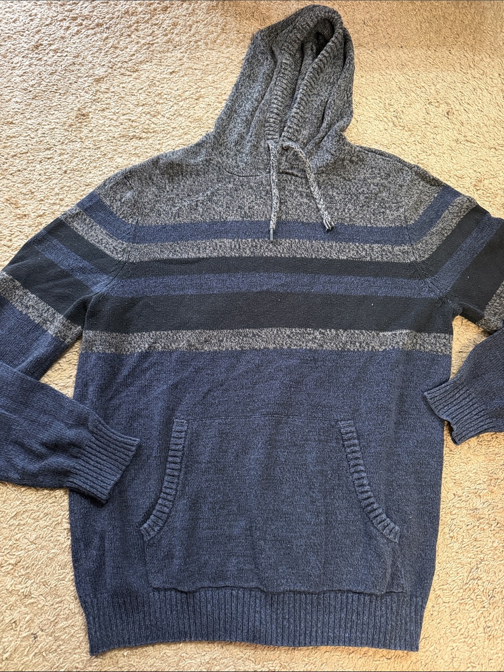 Men's Large Urban Pipeline Skater Hooded Knit Sweater - Navy & Gray Stripes